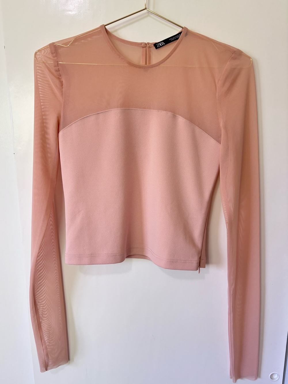 Zara| Nude Combination Tulle Mesh-Panel Long Sleeve Side Zip Top/Blouse Sz S